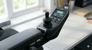 Close-up illustration of a user-friendly joystick controller on a long range electric wheelchair with an LCD battery power indicator.