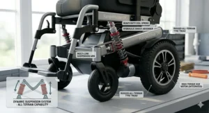 A technical close-up highlighting the heavy-duty coil spring suspension system of a long range electric wheelchair for smooth travel.