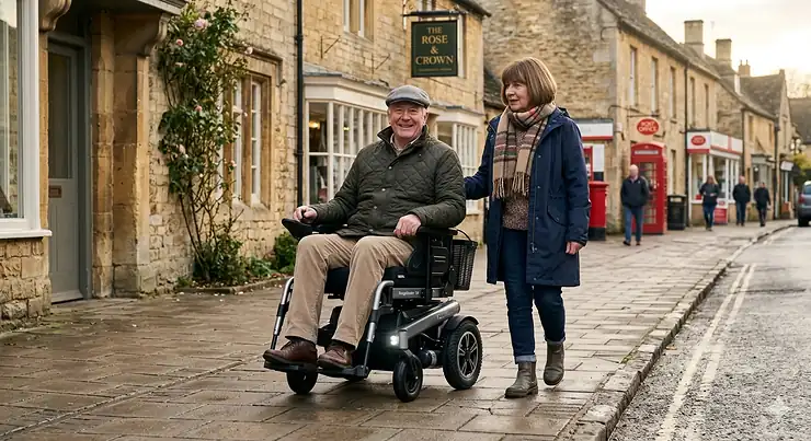 An older man in a long-range electric wheelchair smiling while navigating a traditional British village street with his partner.