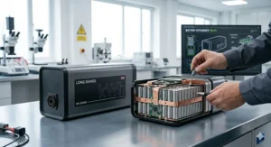 A technical illustration of a high-capacity lithium battery used in a fast electric wheelchair, highlighting long-range travel.