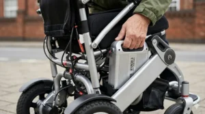 Close-up of a removable lithium-ion battery being slotted into a folding electric wheelchair frame.