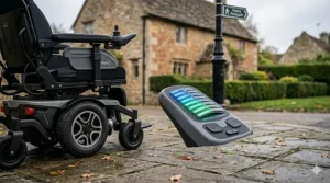 Illustration of a powerchair battery indicator highlighting a high-mileage range suitable for long days out in the UK.