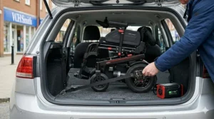 A mobility specialist measuring a man for the correct seat width and depth on an electric wheelchair in a UK showroom.