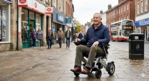 A smiling senior man in a navy quilted jacket navigating a metallic silver motorised wheelchair on a British high street pavement, past a Post Office and a red double-decker bus.