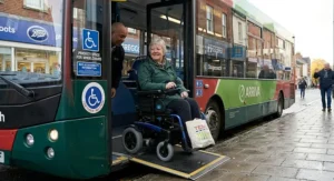 An electric wheelchair for MS positioned in the designated priority space on a low-floor British bus.