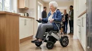 A lightweight powerchair in mid-turn within a modern, narrow British kitchen, demonstrating the tight turning circle and manoeuvrability in confined indoor domestic spaces.