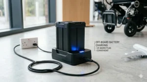 A lithium wheelchair battery being charged off-board using a standard UK 3-pin mains plug and a compact charging cradle.