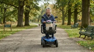 An elderly person driving a 4-wheel mobility scooter along a paved pathway in a British public park.