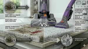 Alt text for image 8: A comparison of a main carpet washer and a handheld tool being used to clean carpeted stairs and upholstery.