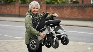A woman demonstrating the portability of a folding electric wheelchair by lifting it easily outdoors.