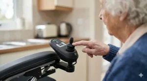 A detailed close-up of the ergonomic joystick controller on a powerchair armrest, with a user pressing the silver control program button, highlighting the intuitive interface.