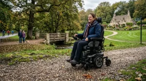 A rear wheel drive powerchair navigating a gravel path in a British park, demonstrating superior traction and stability.