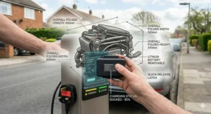 Removing the lightweight lithium battery from an electric wheelchair to make it easier to lift into a car boot or for airline-safe travel.