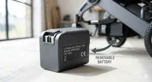 A close-up of a removable lithium-ion battery pack for a travel electric wheelchair, with clear "Airline Approved" labelling and technical specifications.