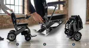 A detailed demonstration of the compact, multi-stage folding mechanism of a dark grey travel electric wheelchair, showing the final folded form.