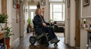 A woman navigating a narrow, traditional British hallway in a compact travel electric wheelchair, demonstrating its suitability for indoor use.
