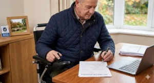 A senior man in a navy quilted jacket sitting at a desk in a modern UK home with his electric wheelchair, completing a VAT relief self-declaration form next to a laptop.