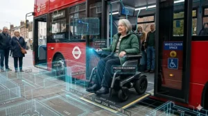 Illustration of an AI-enabled wheelchair boarding a London-style accessible bus using precision positioning.