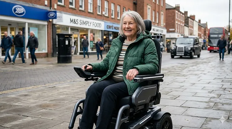 An advanced AI navigation electric wheelchair safely navigating a busy British high street pavement. AI navigation electric wheelchair