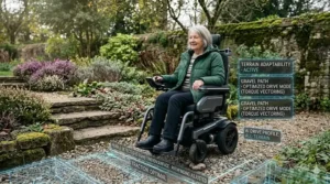 An AI navigation electric wheelchair adjusting its drive mode to handle a gravel garden path.
