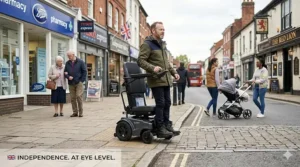 A sit to stand electric wheelchair with robust tyres being used on a paved British high street.