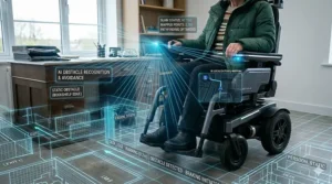 Diagram showing the automated emergency braking system on an AI-powered electric wheelchair.