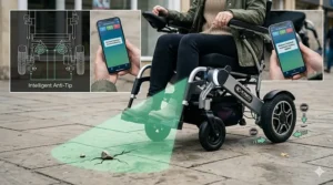 A diagram illustrating the advanced automatic braking system and safety sensors integrated into the intelligent electric powerchair.