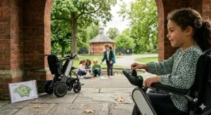 Detail view of the accessible charging port on a children's electric wheelchair.