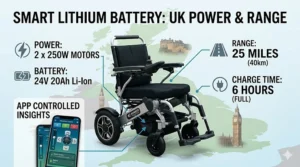 An infographic detailing the long-range battery specifications for a modern motorised powerchair in the UK.