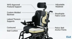Diagram highlighting the safety features and technical specifications of a paediatric motorised wheelchair.