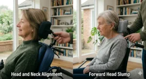 An occupational therapist assessing a patient to determine the most suitable chair type between a tilt-in-space or a reclining wheelchair.