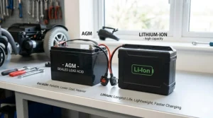 A visual illustrating how cold UK winter temperatures reduce the effective capacity and performance of lead-acid wheelchair batteries.