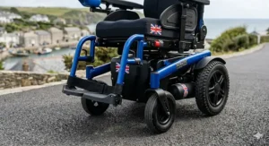 Close-up of a junior powerchair showing a compact wheelbase designed for narrow spaces.