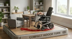 Compact reclining electric wheelchair navigating a narrow indoor space.