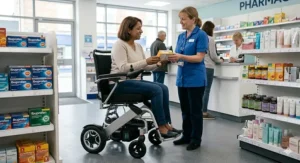 A female wheelchair user interacting at eye level with a pharmacist in a typical UK high street pharmacy aisle.