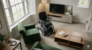 Alt text for image 4: Illustration demonstrating the tight turning circle and indoor manoeuvring of a compact powerchair in a home setting.