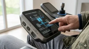 An intimate, angled close-up view of the complex, metallic control console and integrated high-resolution display on a smart electric wheelchair. The hand of an elderly person, showing detailed skin texture and blue jumper cuff, is carefully pressing one of the two black physical buttons to the left of a large, tactile 'MAX SPEED' rotary dial.
