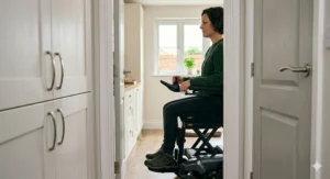 A compact standing electric wheelchair navigating through a standard-width British interior doorway.