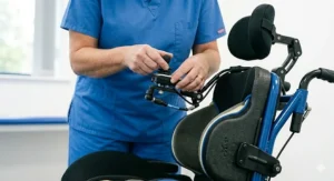 Detailed view of the contoured seating system on a dynamic paediatric electric wheelchair.