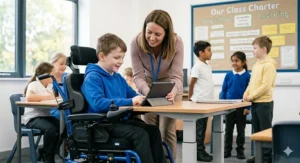 A child in a powered wheelchair integrated into a UK primary school classroom setting.