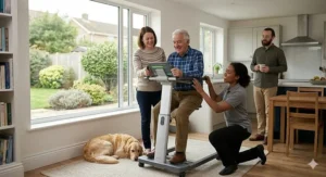 An elderly British man being assisted by a physiotherapist while using a powered standing frame for rehabilitation at home.
