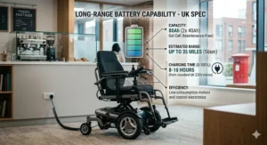 Alt text for image 9: Infographic showing an electric wheelchair charging from a UK mains socket, highlighting battery range capability.