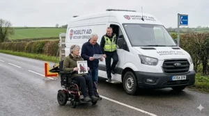 A specialized mobility recovery van assisting an elderly couple on a British countryside road, depicting the 24/7 breakdown recovery benefit included in UK electric wheelchair insurance.