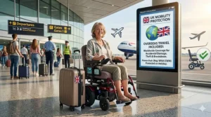 A woman in a powerchair at a modern UK airport terminal next to an information screen, representing worldwide cover for electric wheelchair insurance during holidays.