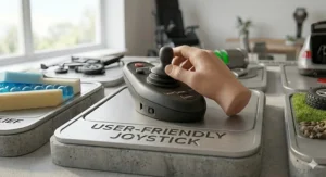 User-friendly joystick controller mounted on an electric wheelchair armrest.