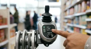 A close-up of a person's finger pressing the dedicated "Seat Rise" button on an electric wheelchair's joystick control panel inside a shop.