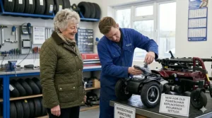 An elderly woman watching a technician unbox a brand new powerchair in a workshop, explaining the new-for-old replacement benefit of electric wheelchair insurance.