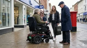 A person using a powerchair on a busy British high street pavement, illustrating the public liability insurance cover required for mobility aid users in the UK.