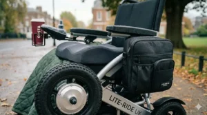 A durable, water-resistant side storage bag attached to the armrest of an electric wheelchair, featuring a Costa coffee cup holder.