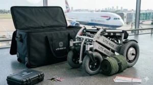 A heavy-duty padded transit bag used for protecting a folding electric wheelchair during travel or storage.